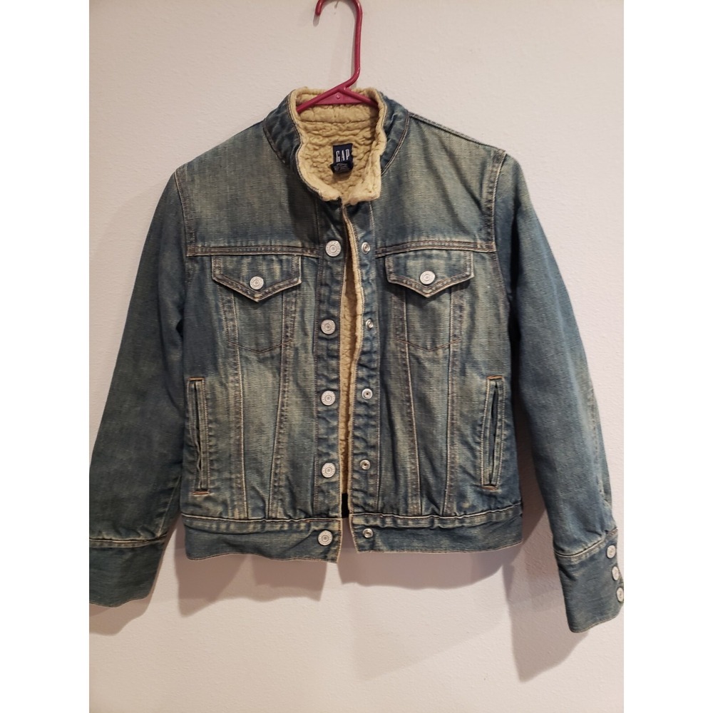 GAP Sherpa lined Denim Trucker Jacket Woman's size XS medium wash EUC - Picture 2 of 6